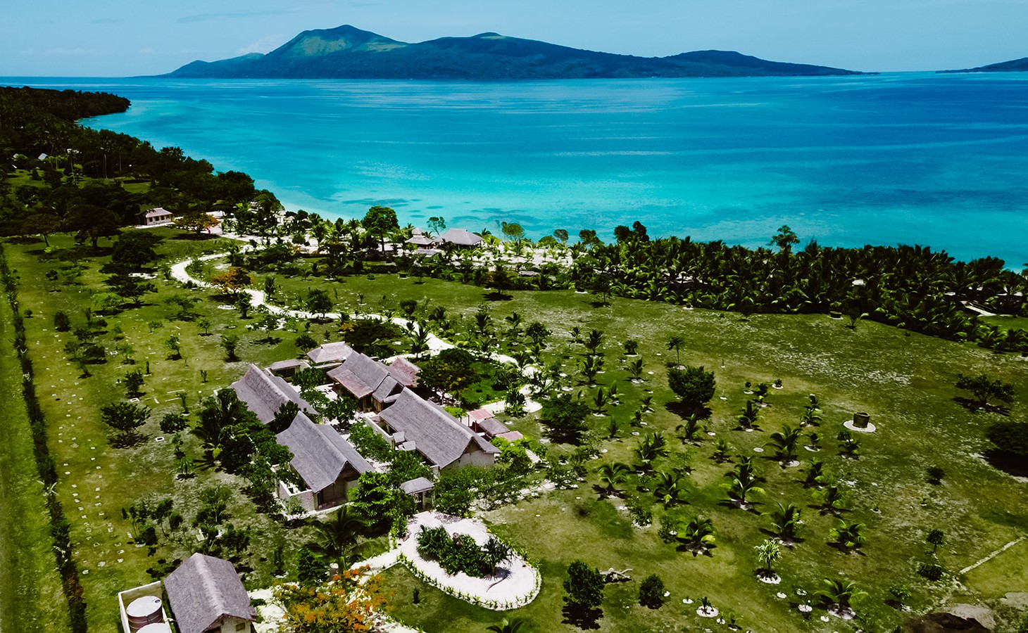 Aerial drone view of Villa Saint Lawrence luxury villa Vanuatu — 4 oceanfront suites on Efate Island near Port Vila